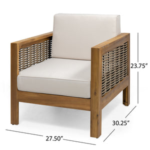 Outdoor Acacia Wood Club Chair with Wicker Accents, Teak Finish + Mixed Brown + Beige, 30.25"D x 27.5"W x 23.75"H