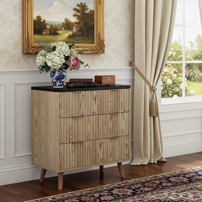 Solid Wood Console Accent Cabinet With Three Drawers - Black / Oak