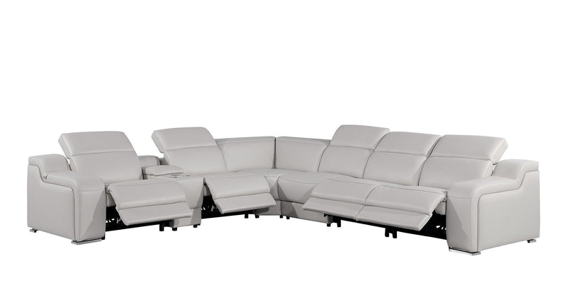 Italian Leather Power Reclining Curved Seven Piece Corner Sectional With Console - Light Gray