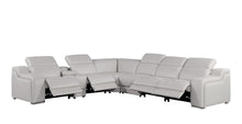 Load image into Gallery viewer, Italian Leather Power Reclining Curved Seven Piece Corner Sectional With Console - Light Gray
