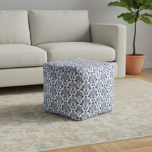 Load image into Gallery viewer, Upholstered Floral Pouf Ottoman - Blue / White
