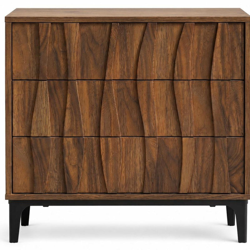 Wood Ribbed Texture Three Drawer Nightstand - Walnut