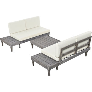 TOPMAX Outdoor 3-Piece Patio Furniture Set Solid Wood Sectional Sofa Set with Coffee Table Conversation Set with Side Table and Cushions, Grey+Beige