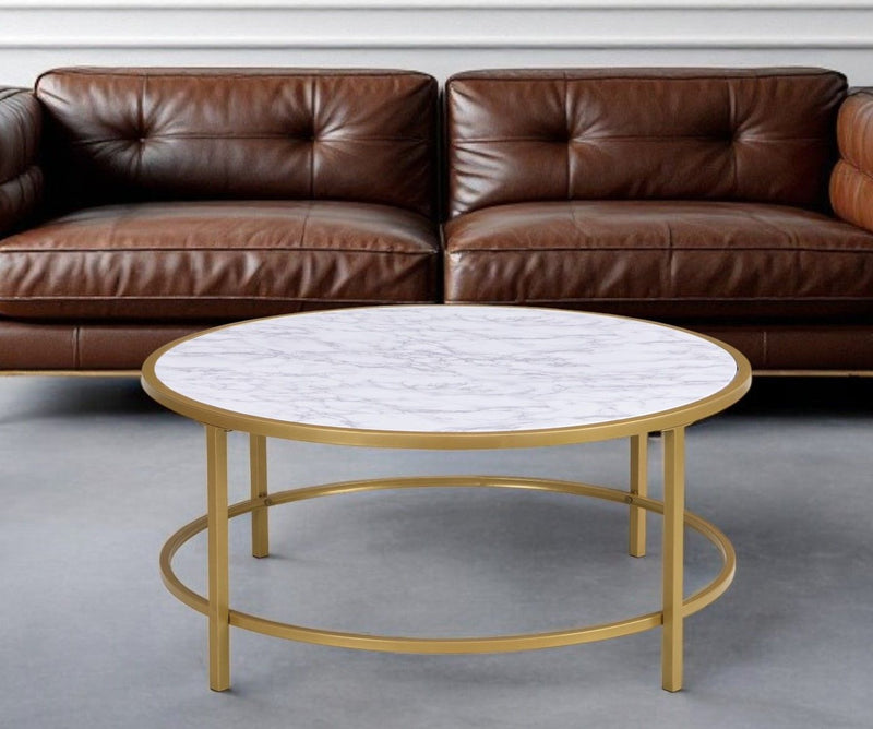 Faux Marble And Metal Round Coffee Table - White And Gold