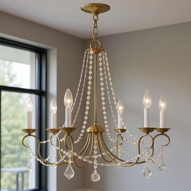 24" Six Light Dimmable Chandelier With Shades - Antiqued Brass