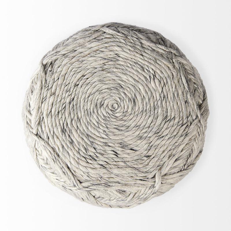 Fabric Geometric Round Pouf Ottoman - Beige / Gray