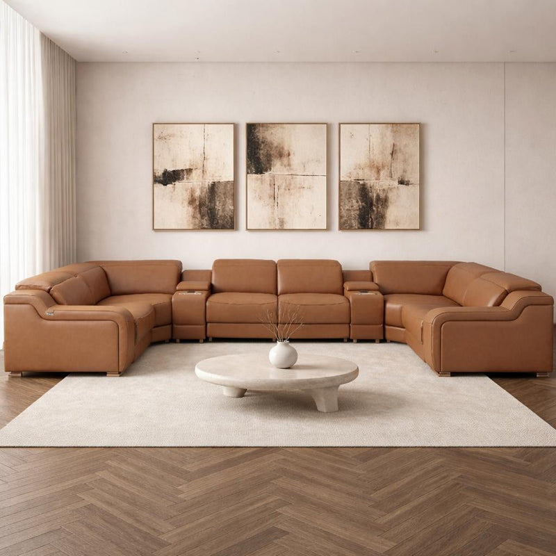 Italian Leather Power Reclining U-Shaped 8 Piece Corner Sectional With Console - Chestnut