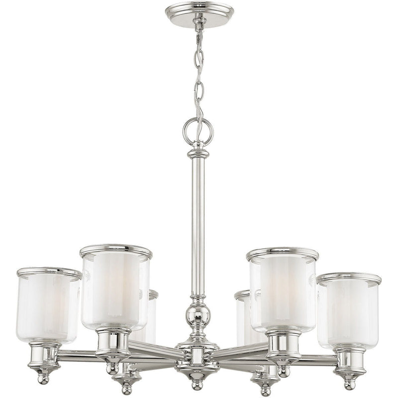 Six Light Metal Dimmable Chandelier With Shades - Nickel / Clear / Opal