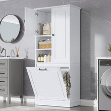 Load image into Gallery viewer, Modern Tall Storage Cabinet With Adjustable Shelves, Flip-Out Basket &amp; Enclosed Doors
