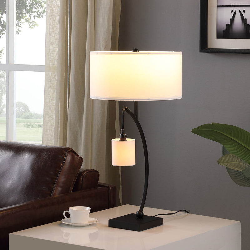 Metal Two Light Arched Table Lamp With White Drum Shade - Black