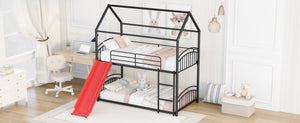 Twin Over Twin Metal Bunk Bed With Slide,Kids House Bed Black+Red