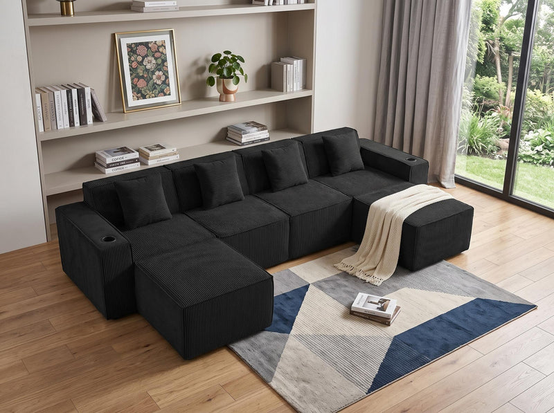 Corduroy Modular Sofa With Ottoman And Toss Pillows - Black