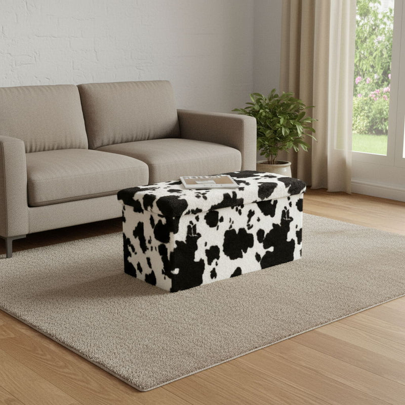 Plastic Cow Print Storage Ottoman - White / Black