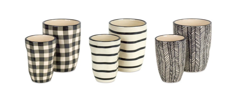 Geometric Round Pot Planters (Set of 6) - Black / Ivory