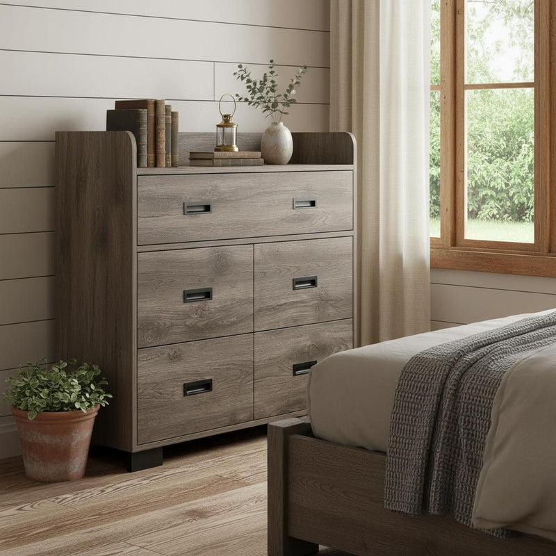 Wood Five Drawer Double Dresser - Dark Brown