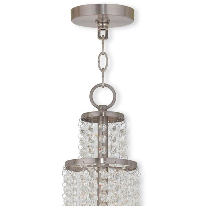 22" Three Light Metal Dimmable Chandelier With Shades - Nickel / Clear / Off White