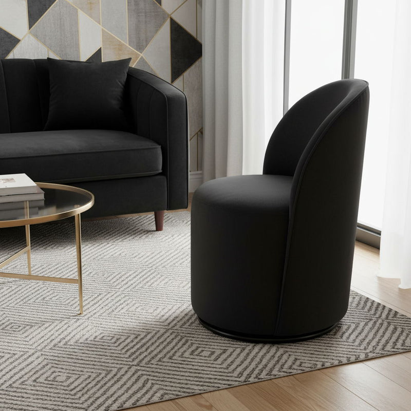 Velvet Curved Back Swivel Dining Arm Chair - Black