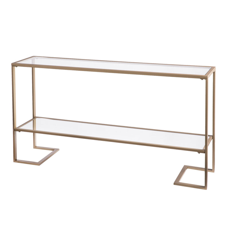 Glass Mirrored Sled Console Table With Shelves - Clear / Gold