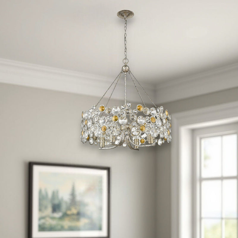 Shaded Four Light Metal And Crystals Dimmable Chandelier With Shades - Silver