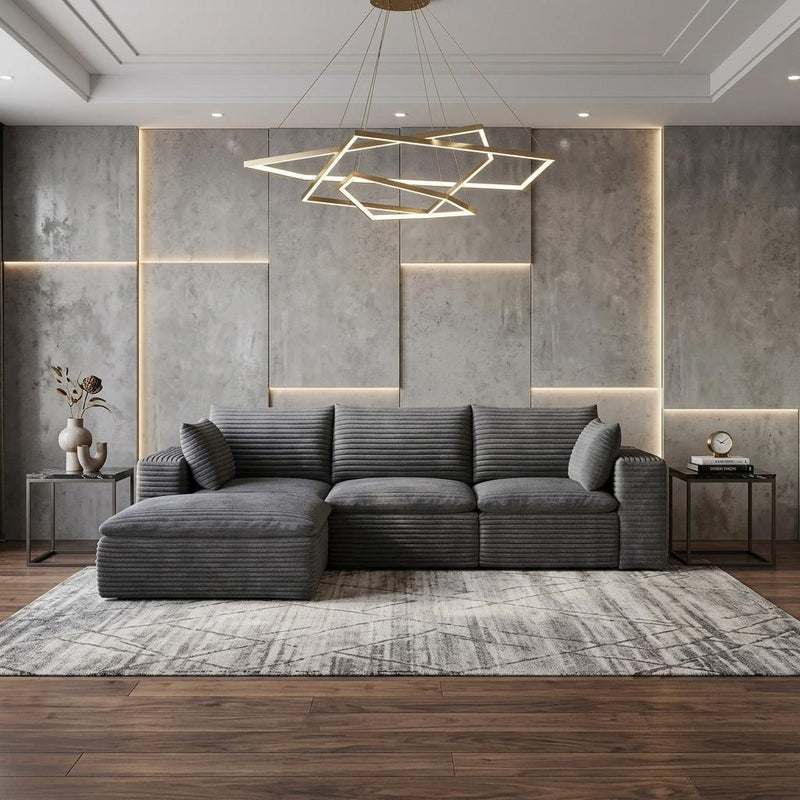 Corduroy Modular Sofa With Ottoman And Toss Pillows (762671) - Dark Gray
