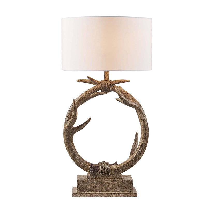 Rustic Faux Antlers Table Lamp With White Drum Shade - Brown