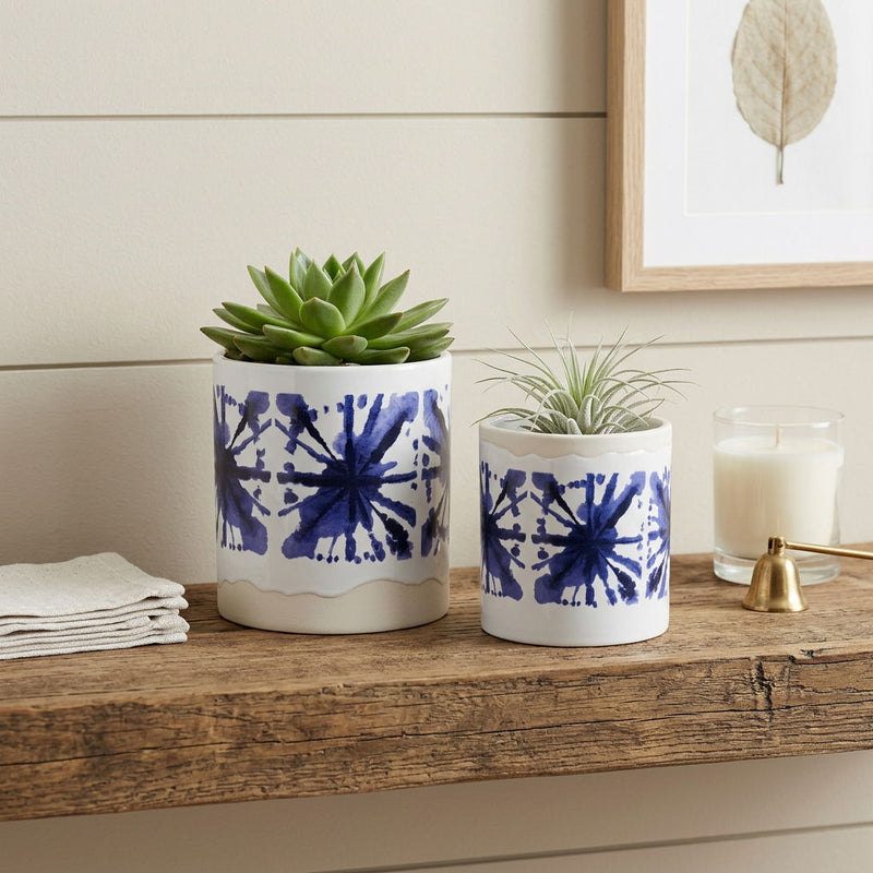 Abstract Round Pot Planters (Set of 2) - White / Blue