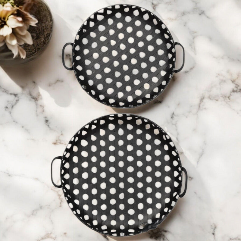 Round Metal Indoor Outdoor Tray With Handles (Set of 2) - Black