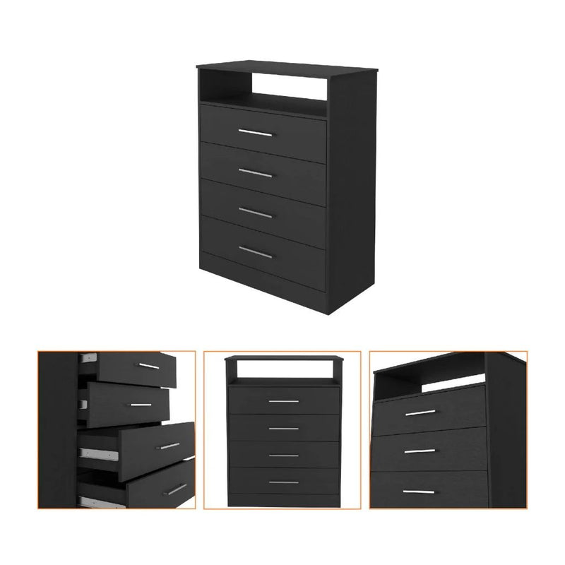 Modern Four Drawer Dresser With Hutch - Black