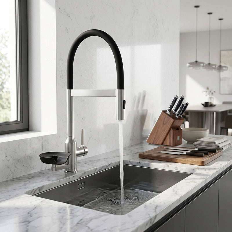 Kitchen Faucet With Magnetic Pull Out Sprayer, 360 Degree Swivel Single Handle High Arc Kitchen Sink Faucet With Glass Rinser - Brushed Nickel