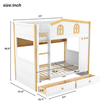 Load image into Gallery viewer, Twin Over Twin Bunk Bed With House Shaped Guardrails, Storage Shelves &amp; Drawers - White / Natural
