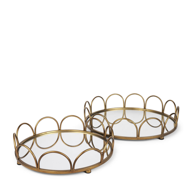 Metal Mirrored Glass Round Vanity Trays (Set of 2) - Antiqued Gold