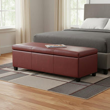 Load image into Gallery viewer, 48" Red and Dark Brown Faux Leather and Solid Wood Upholstered Storage Bench With Flip Top
