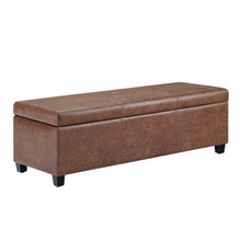 Load image into Gallery viewer, 48" Umber and Dark Brown Faux Leather and Solid Wood Upholstered Distressed Storage Bench With Flip Top
