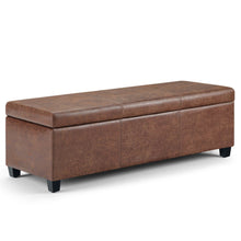 Load image into Gallery viewer, 48" Umber and Dark Brown Faux Leather and Solid Wood Upholstered Distressed Storage Bench With Flip Top
