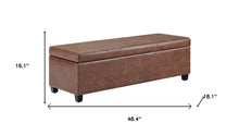 Load image into Gallery viewer, 48" Umber and Dark Brown Faux Leather and Solid Wood Upholstered Distressed Storage Bench With Flip Top
