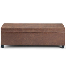 Load image into Gallery viewer, 48" Umber and Dark Brown Faux Leather and Solid Wood Upholstered Distressed Storage Bench With Flip Top
