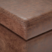 Load image into Gallery viewer, 48" Umber and Dark Brown Faux Leather and Solid Wood Upholstered Distressed Storage Bench With Flip Top
