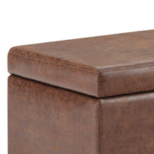 Load image into Gallery viewer, 48" Umber and Dark Brown Faux Leather and Solid Wood Upholstered Distressed Storage Bench With Flip Top
