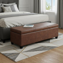 Load image into Gallery viewer, 48" Umber and Dark Brown Faux Leather and Solid Wood Upholstered Distressed Storage Bench With Flip Top
