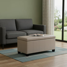 Load image into Gallery viewer, 36" Cream and Dark Brown Faux Leather and Solid Wood Upholstered Storage Bench With Flip Top
