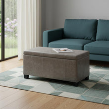 Load image into Gallery viewer, 36" Gray and Dark Brown Faux Leather and Solid Wood Upholstered Distressed Storage Bench With Flip Top
