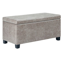 Load image into Gallery viewer, 36" Gray and Dark Brown Faux Leather and Solid Wood Upholstered Distressed Storage Bench With Flip Top
