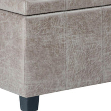 Load image into Gallery viewer, 36" Gray and Dark Brown Faux Leather and Solid Wood Upholstered Distressed Storage Bench With Flip Top
