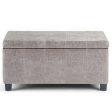 Load image into Gallery viewer, 36" Gray and Dark Brown Faux Leather and Solid Wood Upholstered Distressed Storage Bench With Flip Top
