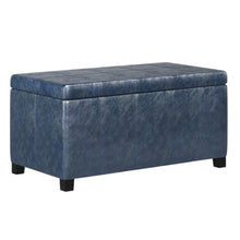 Load image into Gallery viewer, 36" Denim Blue and Dark Brown Faux Leather and Solid Wood Upholstered Storage Bench With Flip Top
