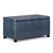 Load image into Gallery viewer, 36" Denim Blue and Dark Brown Faux Leather and Solid Wood Upholstered Storage Bench With Flip Top
