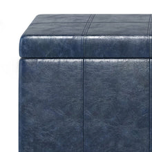 Load image into Gallery viewer, 36" Denim Blue and Dark Brown Faux Leather and Solid Wood Upholstered Storage Bench With Flip Top
