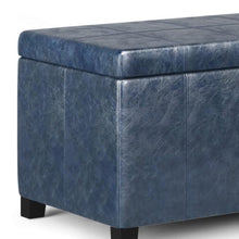 Load image into Gallery viewer, 36" Denim Blue and Dark Brown Faux Leather and Solid Wood Upholstered Storage Bench With Flip Top
