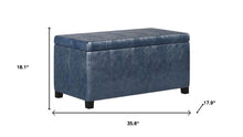 Load image into Gallery viewer, 36" Denim Blue and Dark Brown Faux Leather and Solid Wood Upholstered Storage Bench With Flip Top
