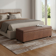 Load image into Gallery viewer, 54" Brown and Dark Brown Faux Leather and Solid Wood Upholstered Storage Bench With Flip Top

